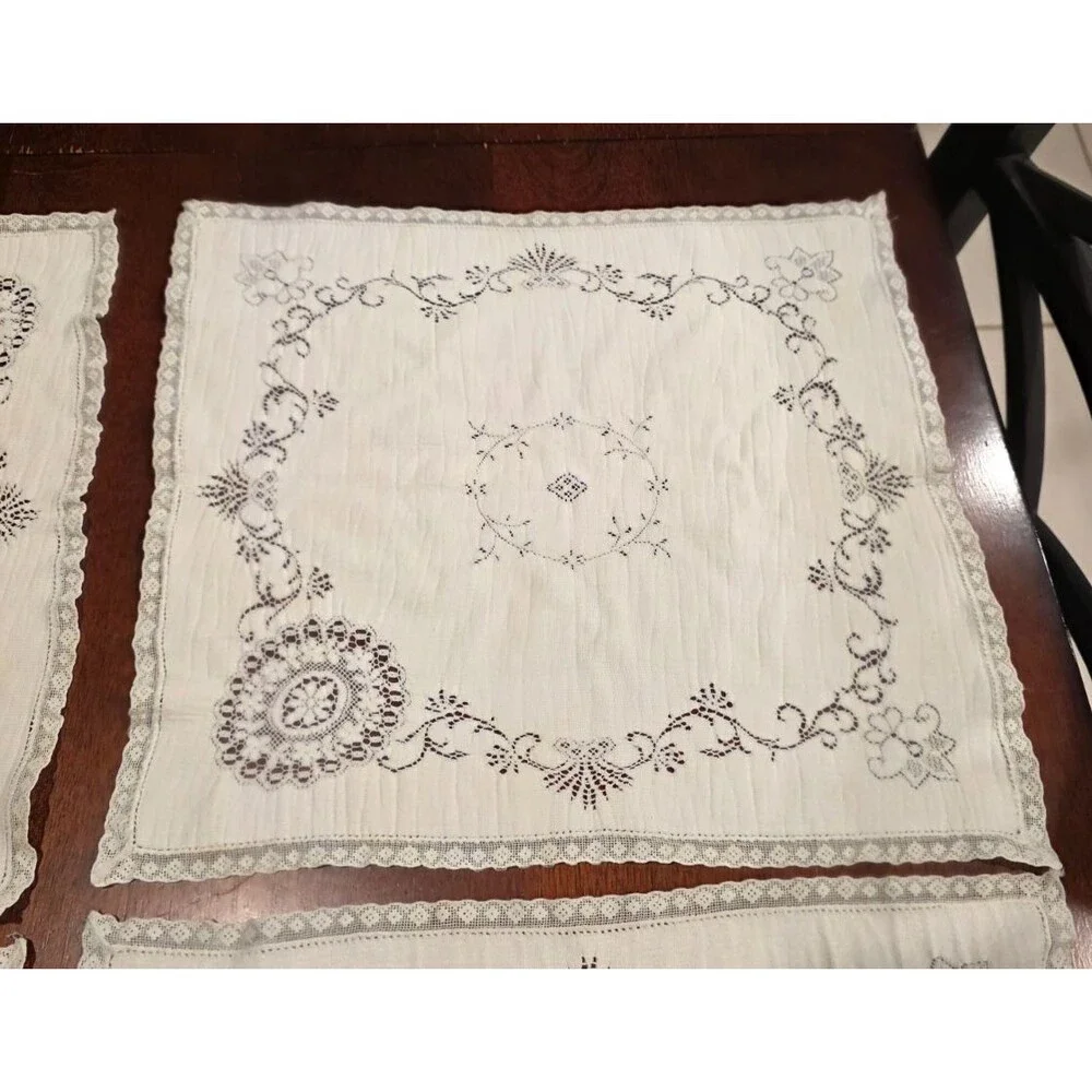 Vintage Cotton Cutwork Napkins Lace Floral Pattern Set of 6 - 14